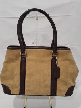 Coach Suede Tote Handbag in Tan with Dark Brown Trim